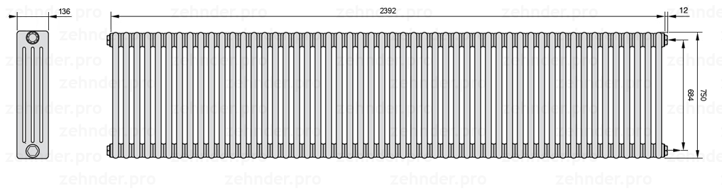 Схема (чертеж) Радиатор Zehnder Charleston 4075/52 №7610 Белый глянцевый RAL 9016